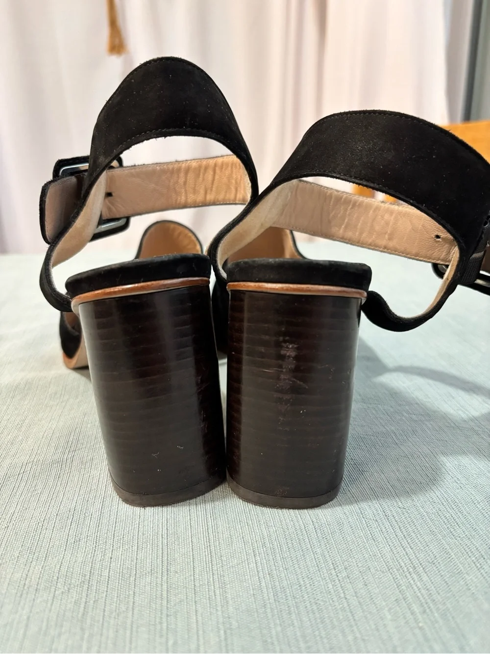 Stuart Weitzman Black Suede Open-Toe Block Heel Sandals with Buckle 9